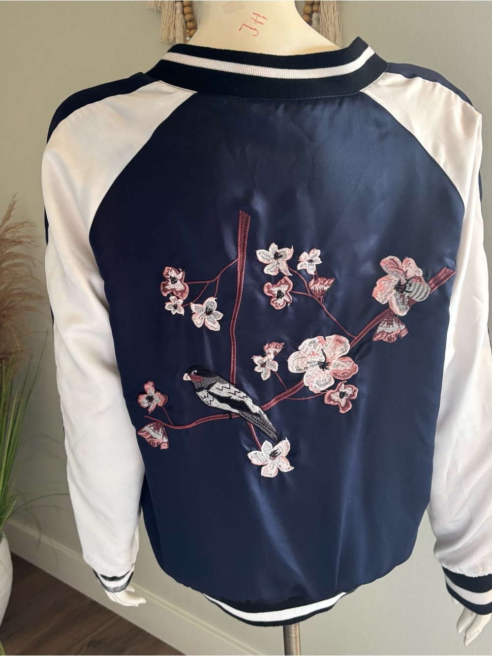 Reversible Satin Souvenir Bomber Jacket Floral Embroidered Sukajan